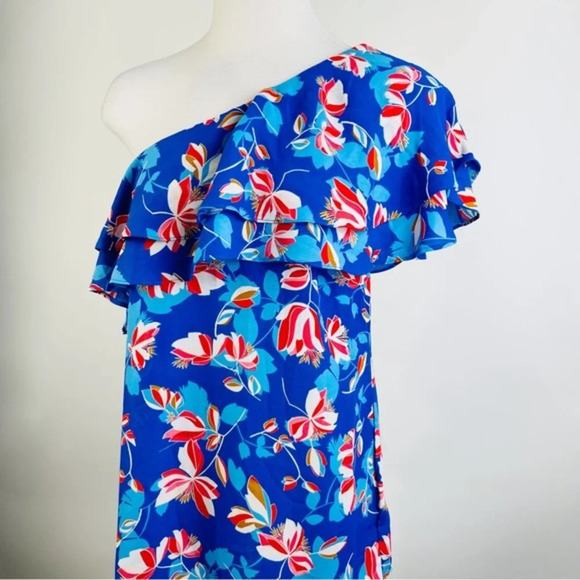 Rose + Olive Floral Blue One Shoulder‎ Flounce Top Size Small - Picture 2 of 7